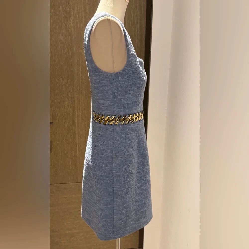 Rebecca Vallance Powder Blue Textured Sheath Dress with Gold Chain Waist NWT